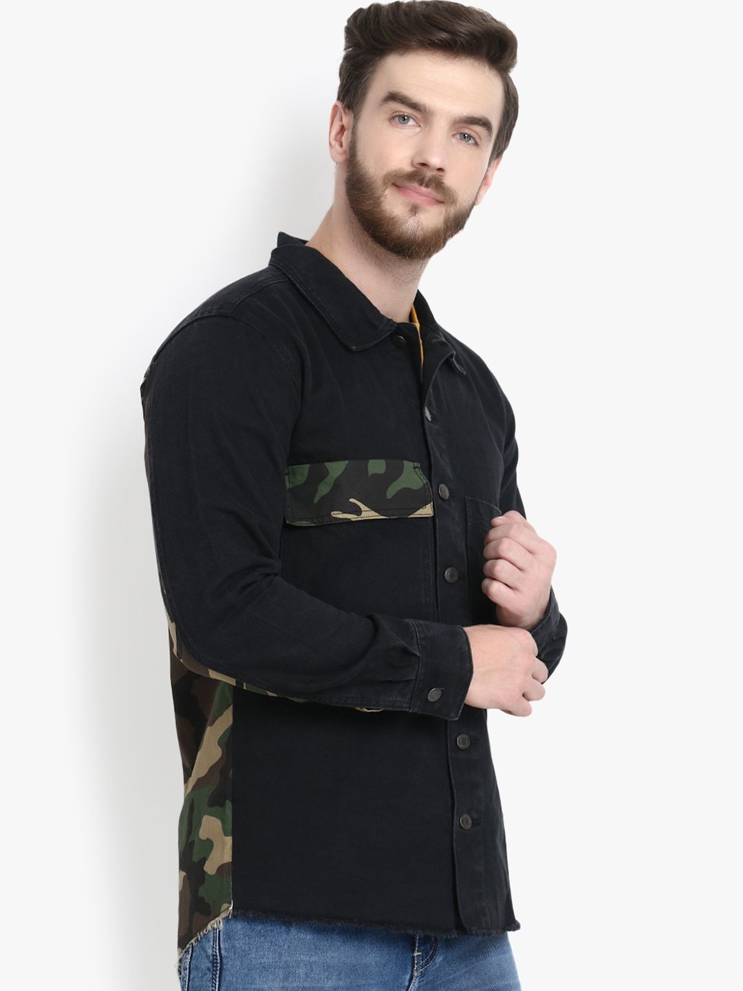 Kotty Men Black Camouflage Lightweight Denim Jacket