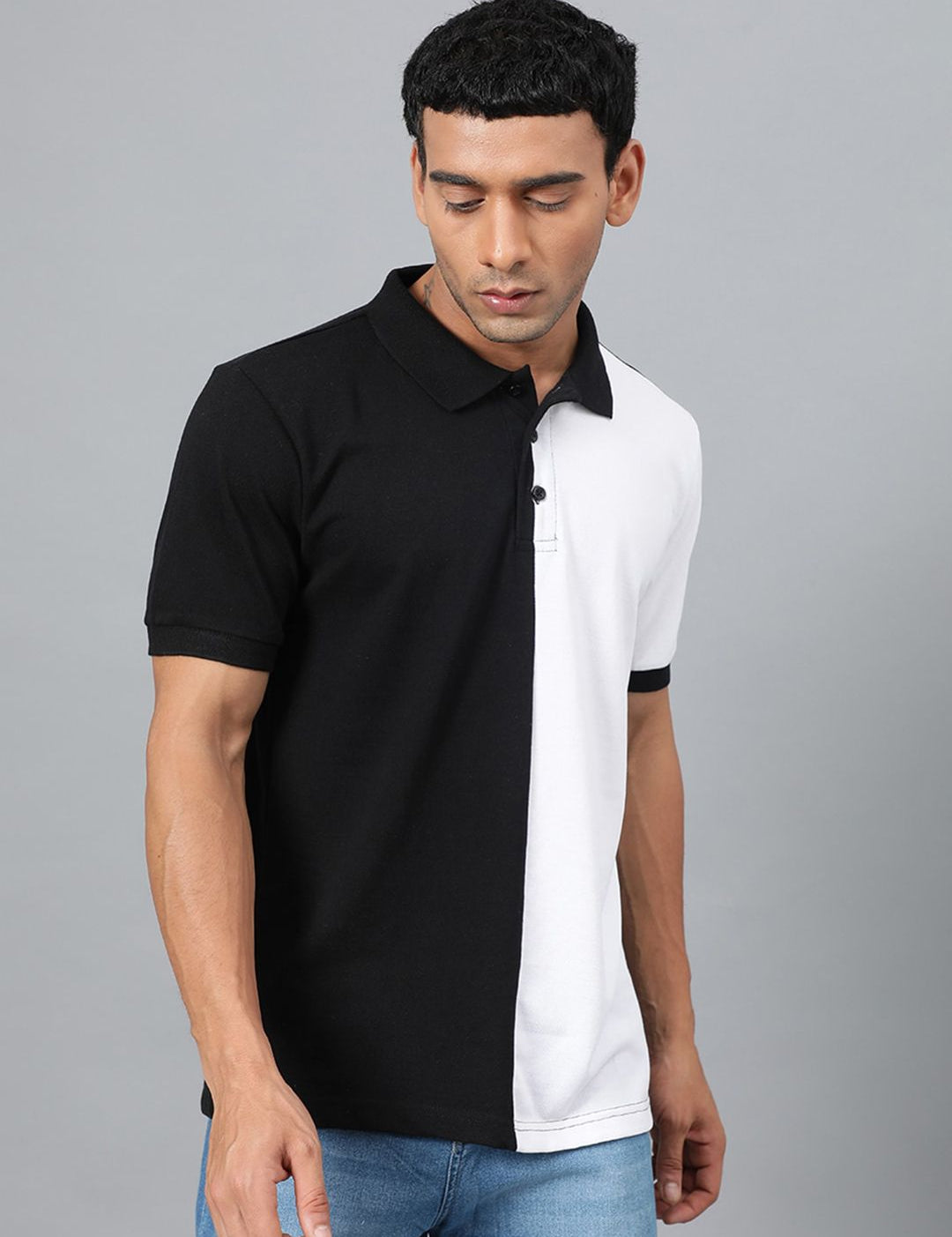 Kotty White & Black Colourblocked Polo Collar T-shirt