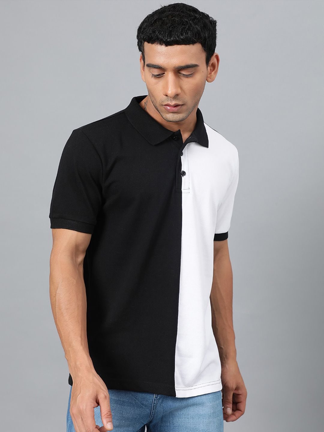 Kotty White & Black Colourblocked Polo Collar T-shirt