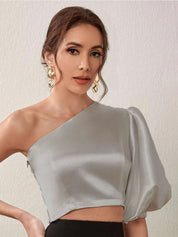 Kotty One Shoulder Puff Sleeve Satin Crop Top