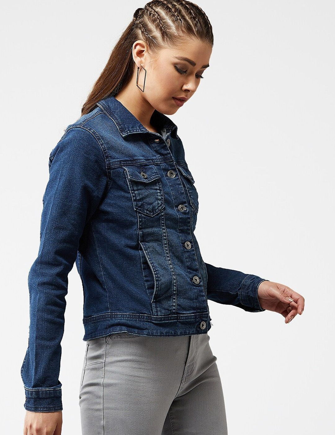 Kotty Women Navy Blue Solid Denim Jacket