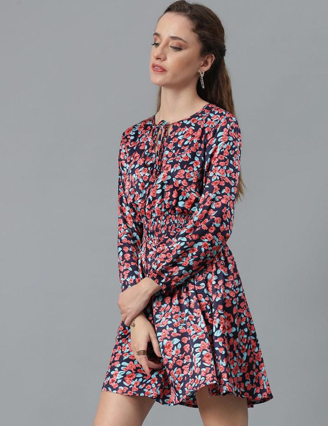 Kotty Black Floral Printed Tie-Up Neck Puff Sleeves Fit & Flare Dress