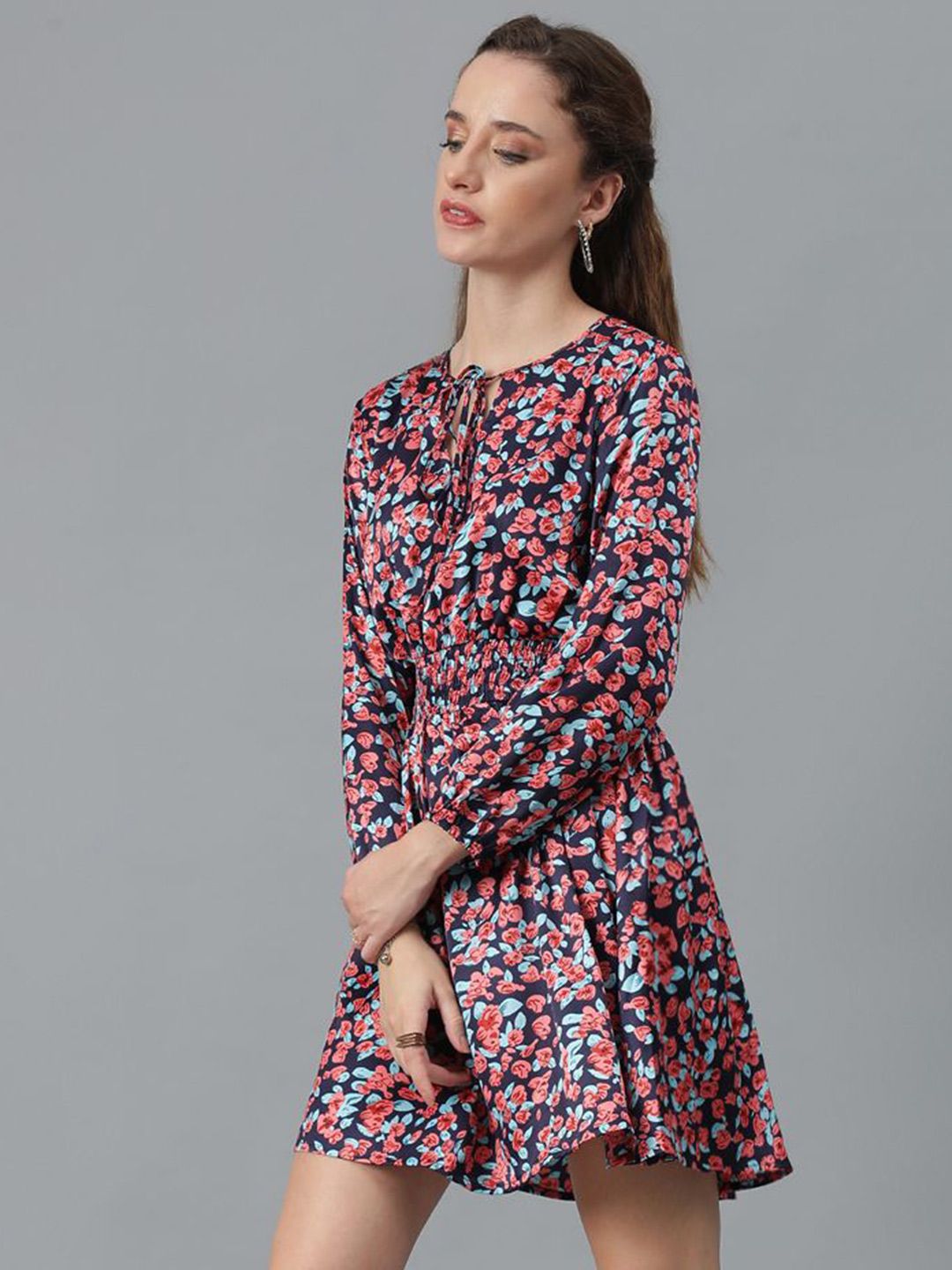 Kotty Black Floral Printed Tie-Up Neck Puff Sleeves Fit & Flare Dress