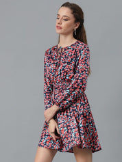 Kotty Black Floral Printed Tie-Up Neck Puff Sleeves Fit & Flare Dress