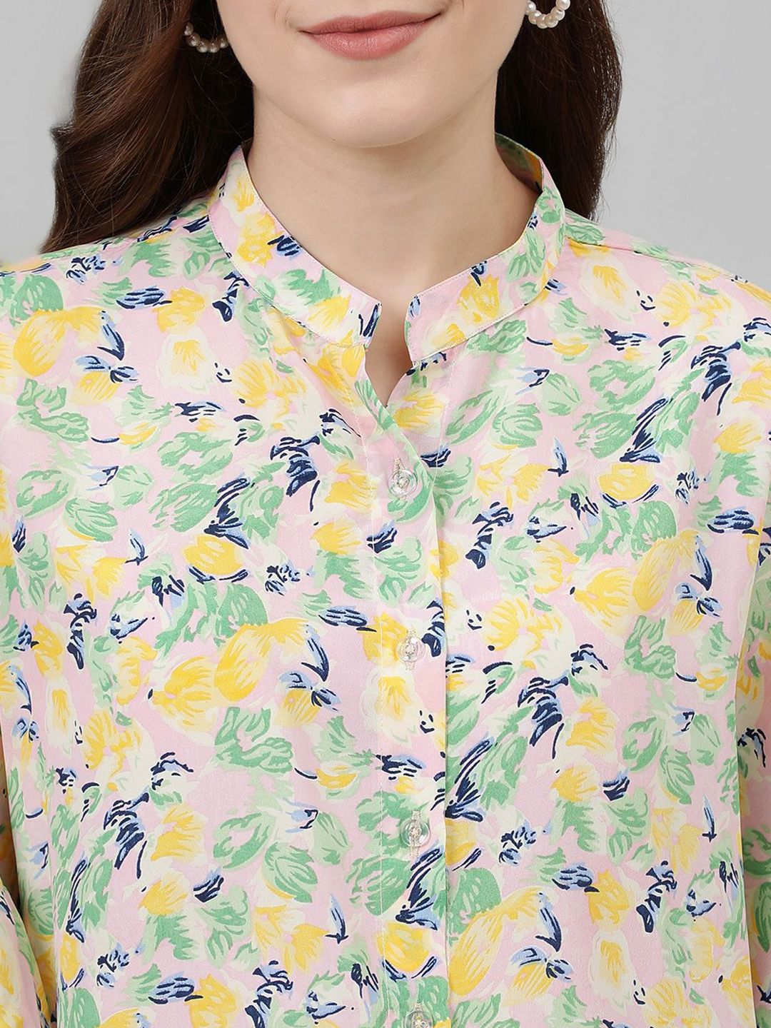 Kotty Yellow & Pink Floral Printed Mandarin Collar Puff Sleeves Crepe Casual Shirt