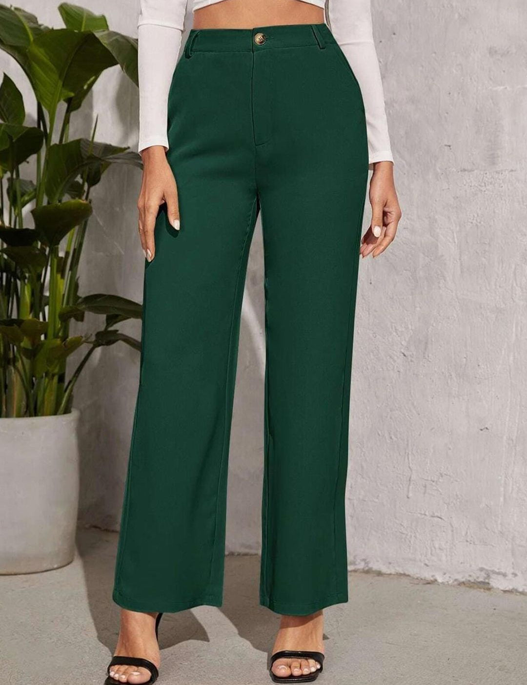KOTTY BIZwear Women Green Relaxed Straight Leg Straight Fit High-Rise Trousers