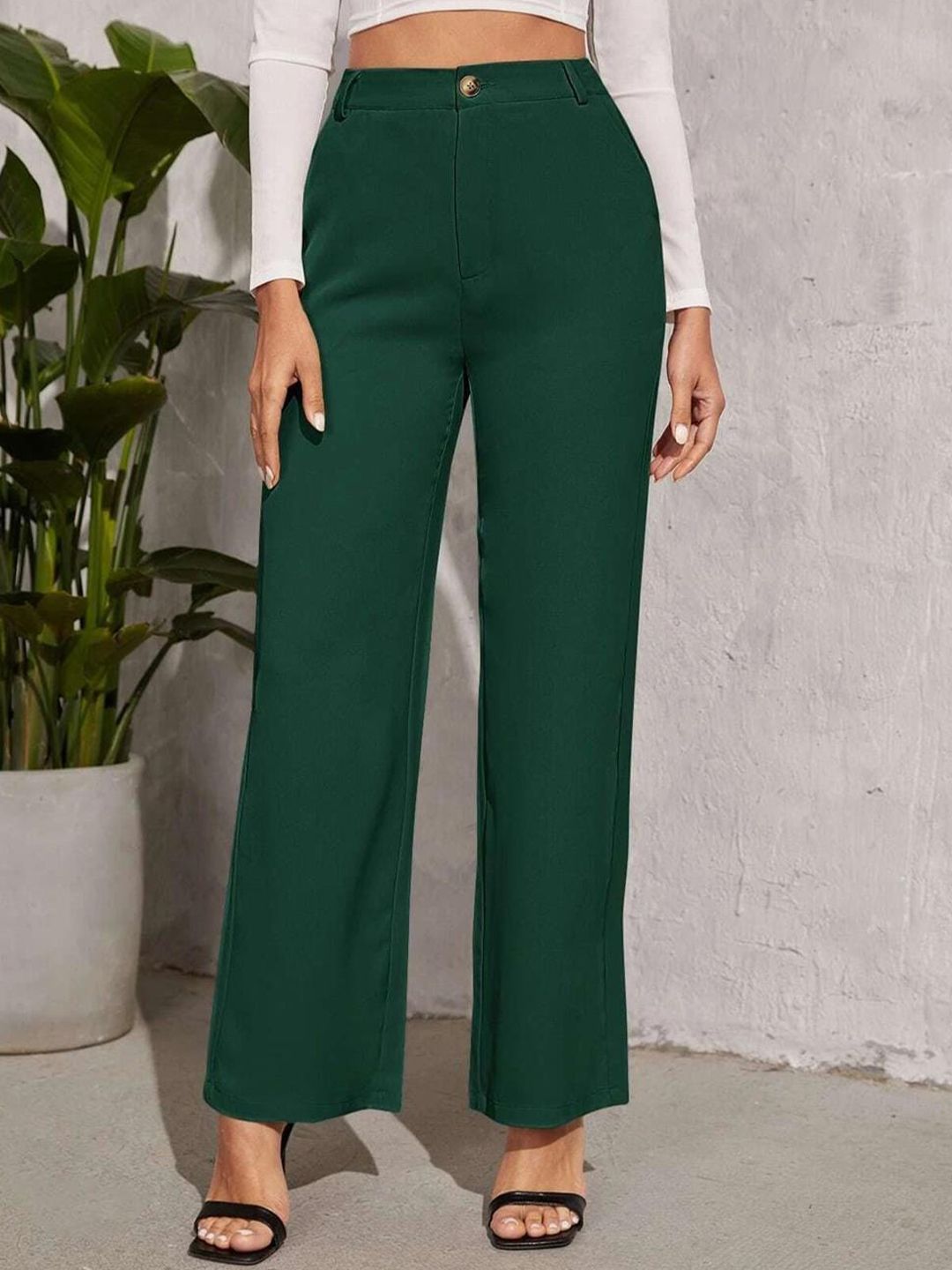 KOTTY BIZwear Women Green Relaxed Straight Leg Straight Fit High-Rise Trousers