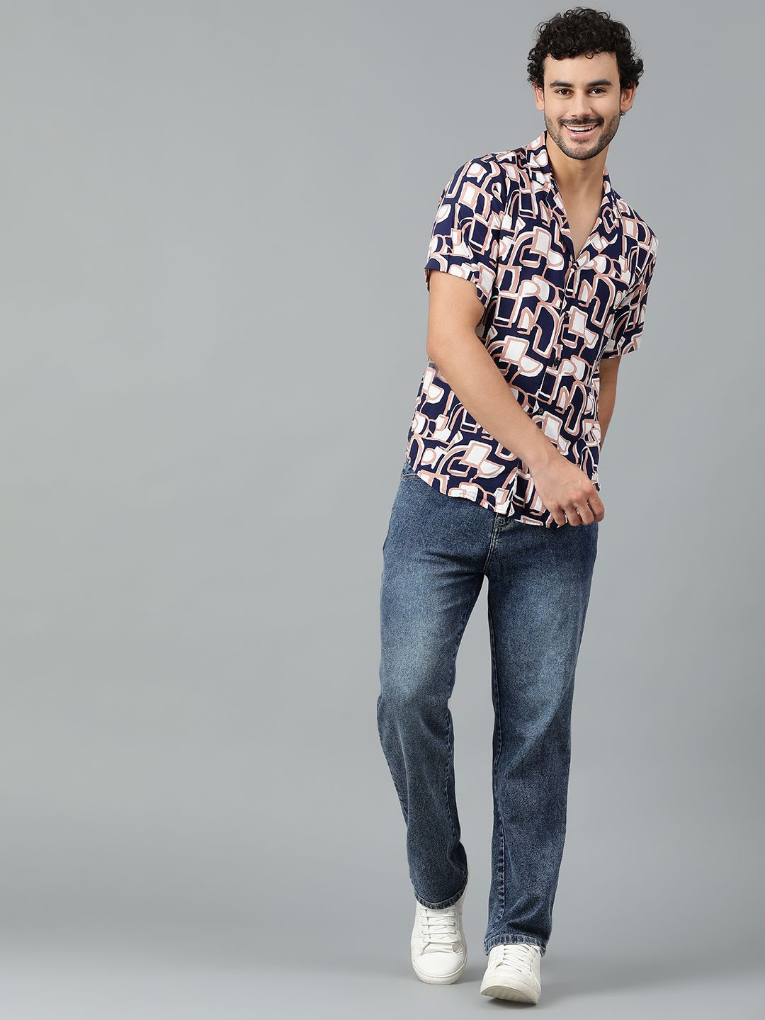 Kotty Men Cuban Collar Abstract Printed Casual Shirt