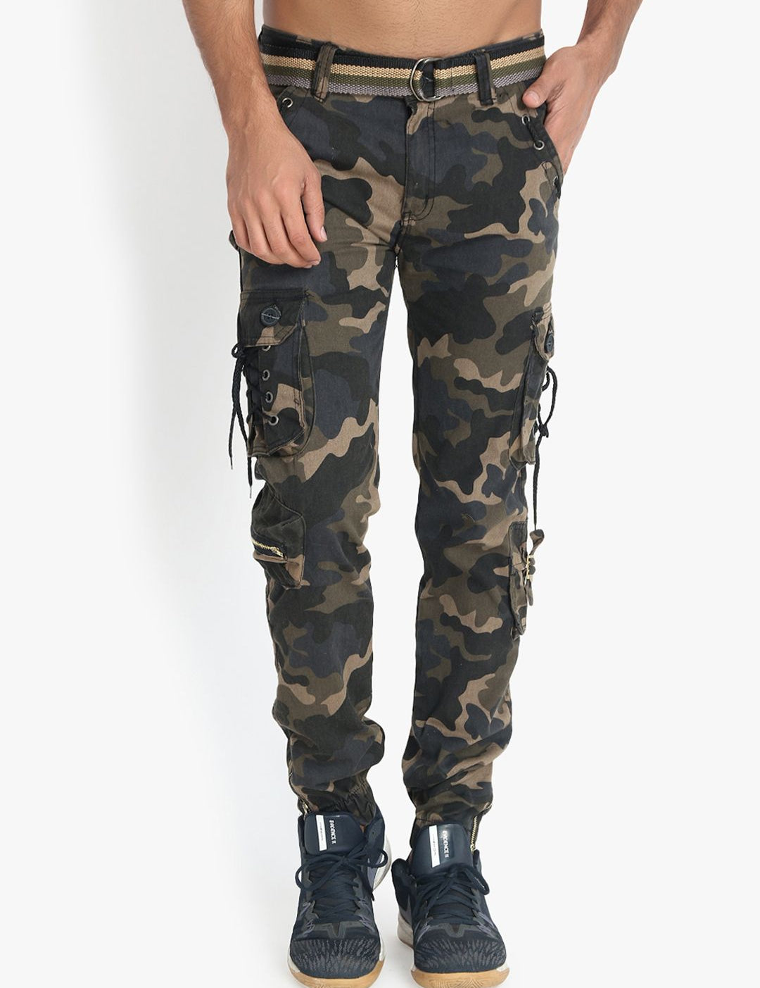 Kotty Men Beige & Green Regular Fit Camouflage Printed Cargos