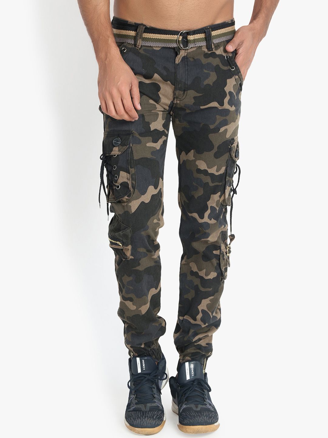 Kotty Men Beige & Green Regular Fit Camouflage Printed Cargos