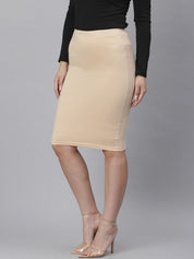 Kotty Women Beige Solid Pencil Knee-Length Skirt