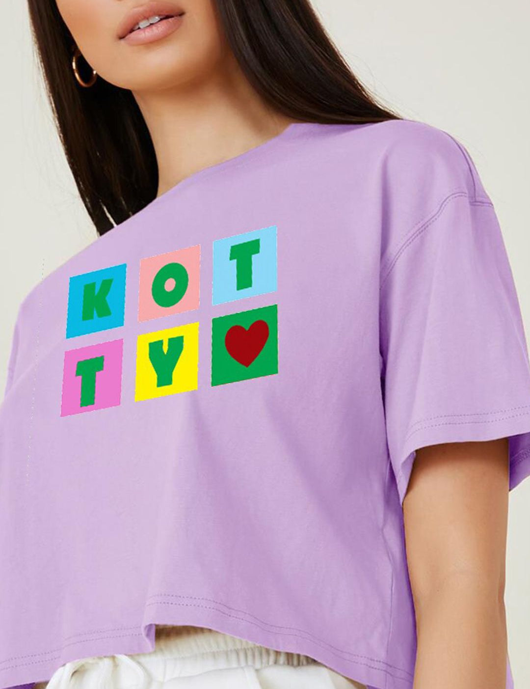 Kotty Purple Printed Round Neck Drop-Shoulder Sleeves Crop Oversized T-shirt