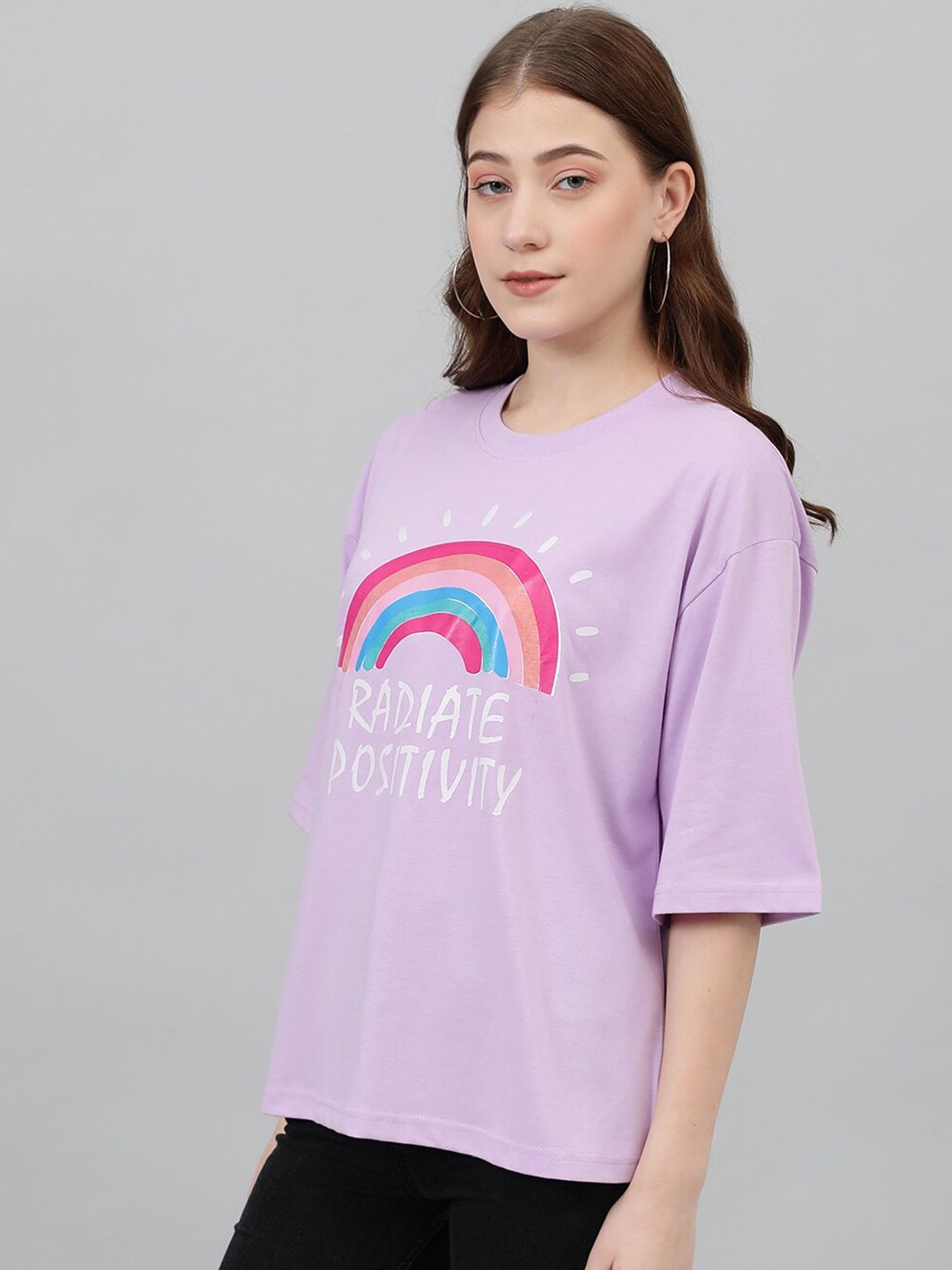Kotty Oversized Typography Printed Drop-Shoulder Sleeves Casual T-shirt