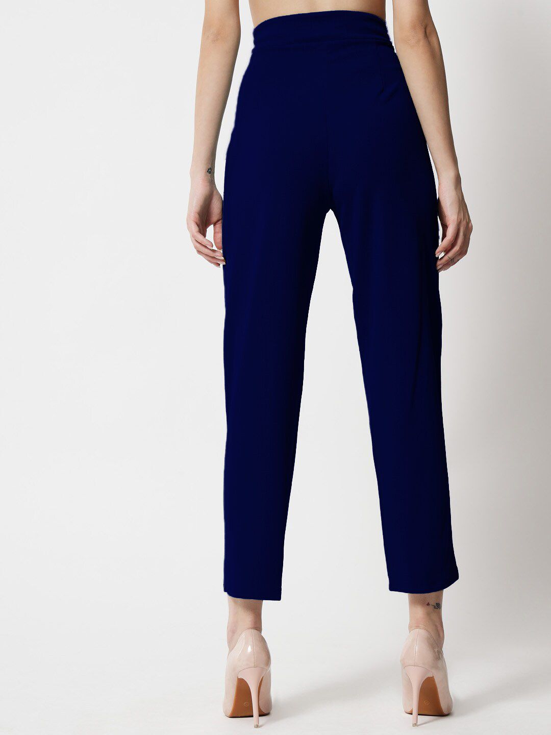 Kotty Women Blue Comfort Straight Fit High-Rise Easy Wash Pleated Trousers