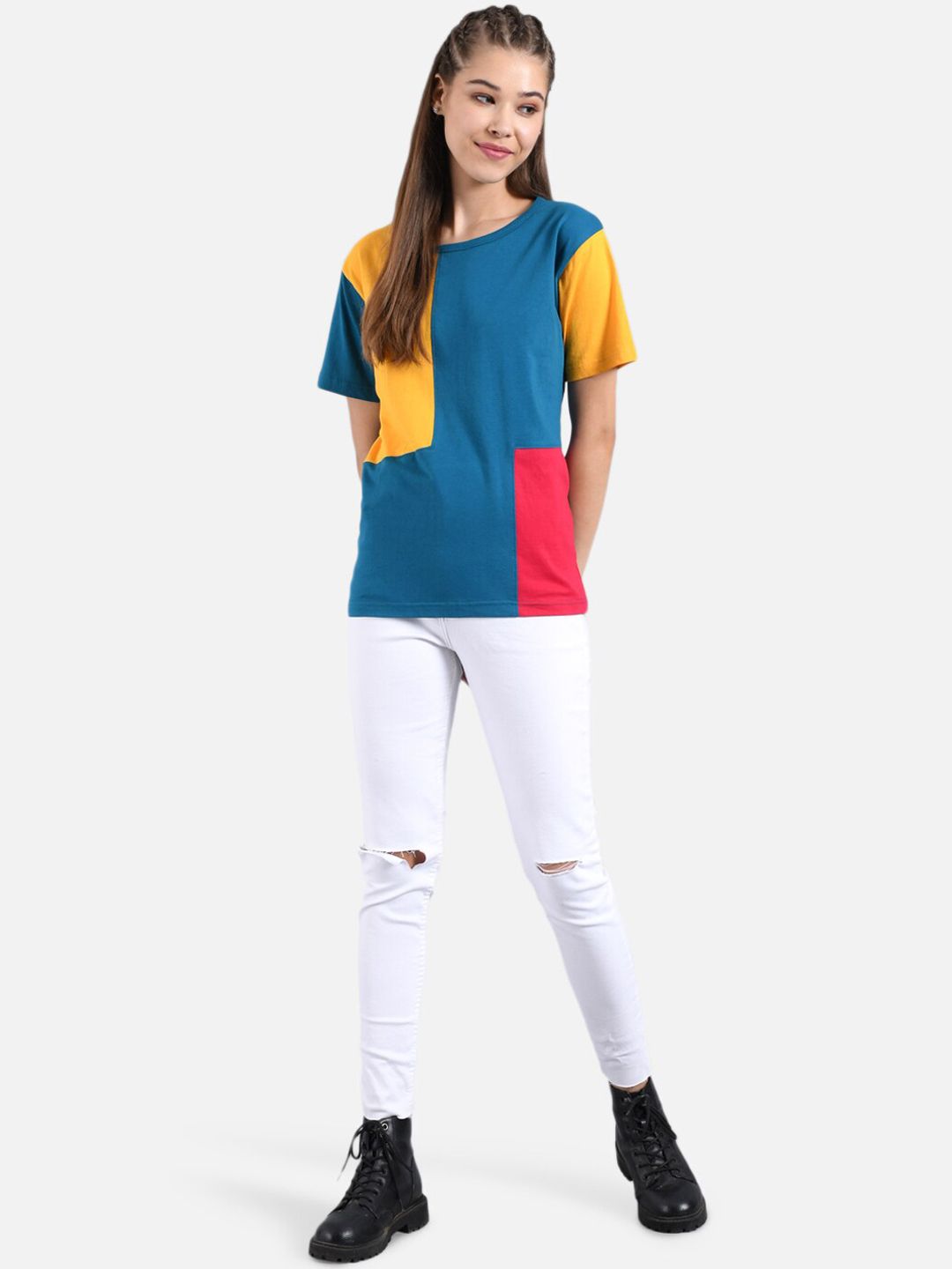 Kotty Women Yellow Colourblocked Round Neck T-shirt