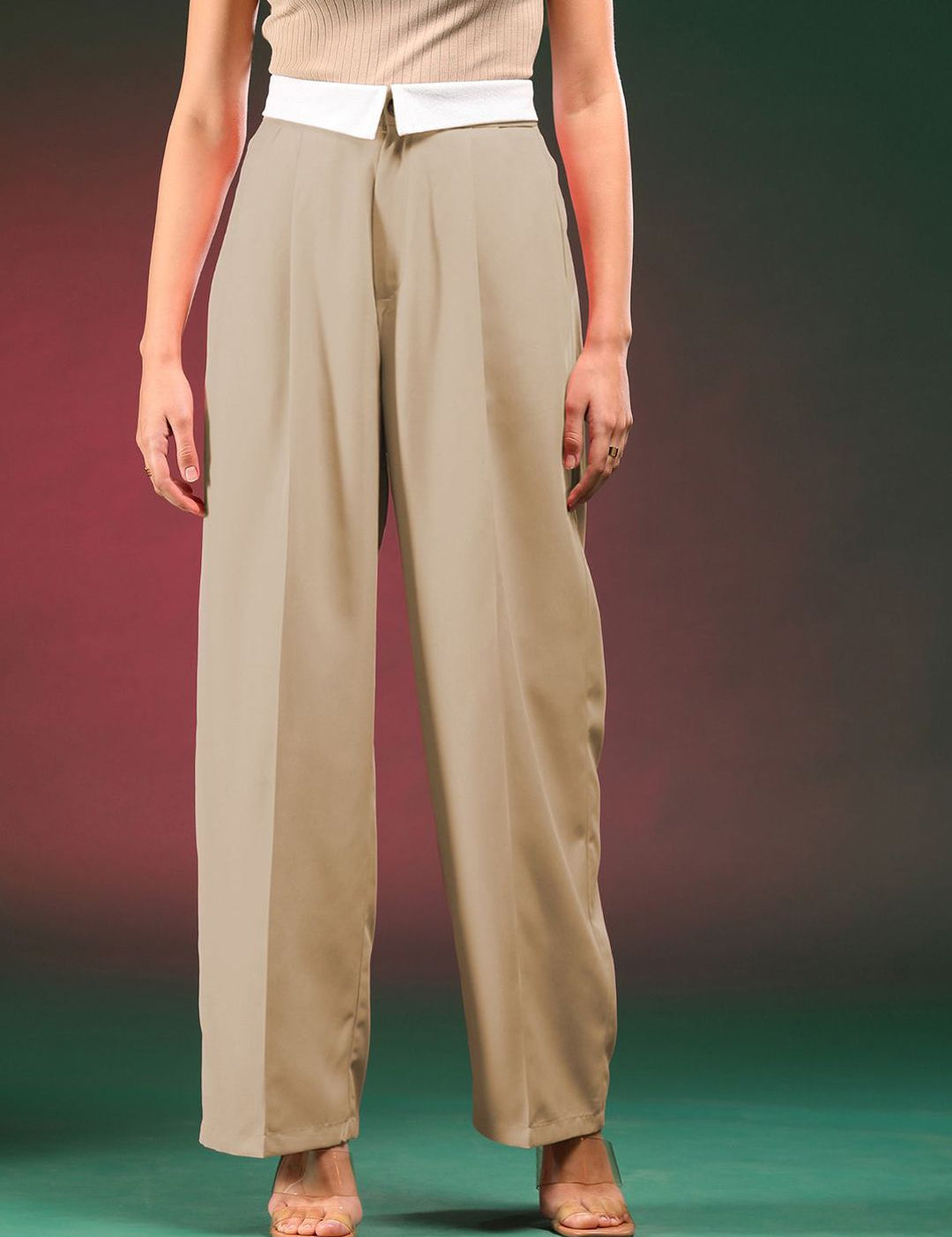 Kotty Women Straight Fit High-Rise Easy Wash Pleated Trousers