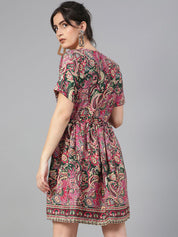 Kotty Ethnic Motifs Printed V-Neck Gathered or Pleated Crepe Wrap Dress