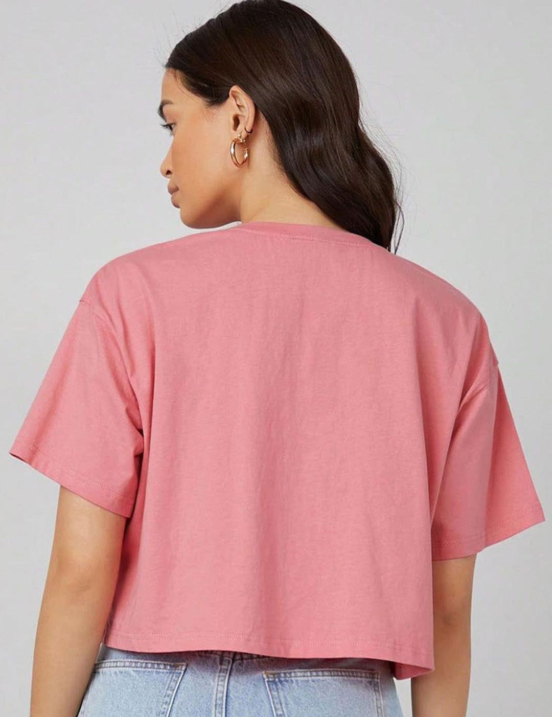 Kotty Pink Floral Printed Round Neck Drop-Shoulder Sleeves Oversized Crop T-shirt