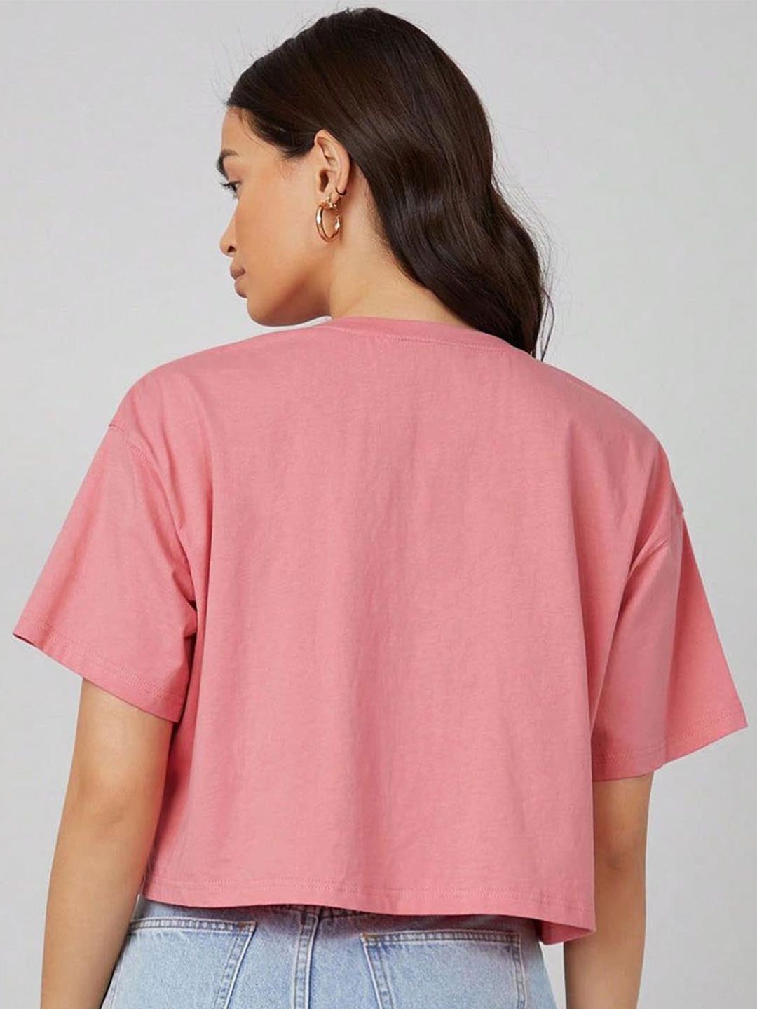 Kotty Pink Floral Printed Round Neck Drop-Shoulder Sleeves Oversized Crop T-shirt