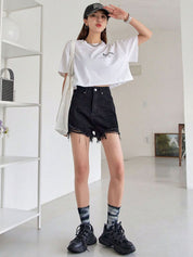 Kotty Women Solid High-Rise Cotton Denim Shorts