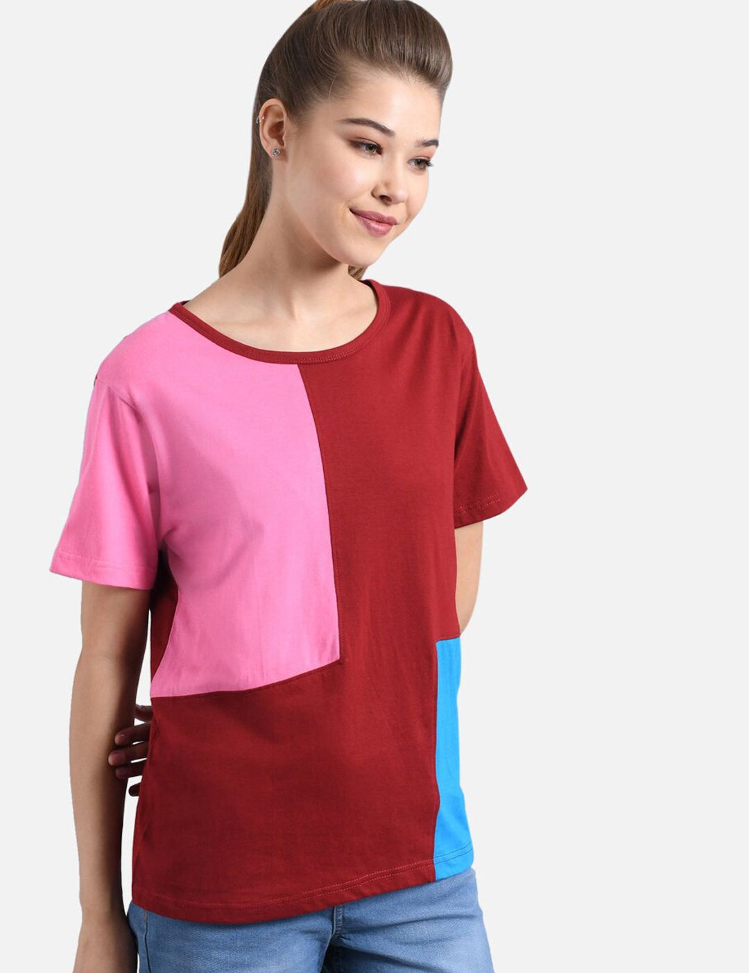 Kotty Women Maroon & Turquoise Blue Colourblocked Round Neck T-shirt