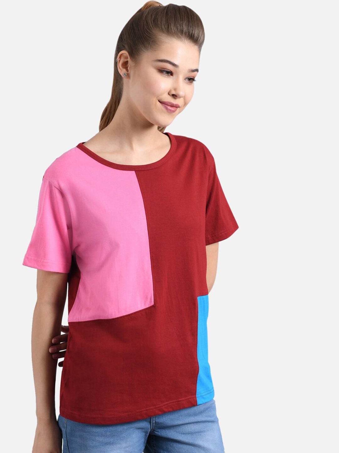 Kotty Women Maroon & Turquoise Blue Colourblocked Round Neck T-shirt
