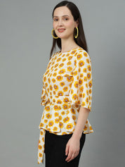 Kotty Floral Print Flared Sleeve Crepe Cinched Waist Top