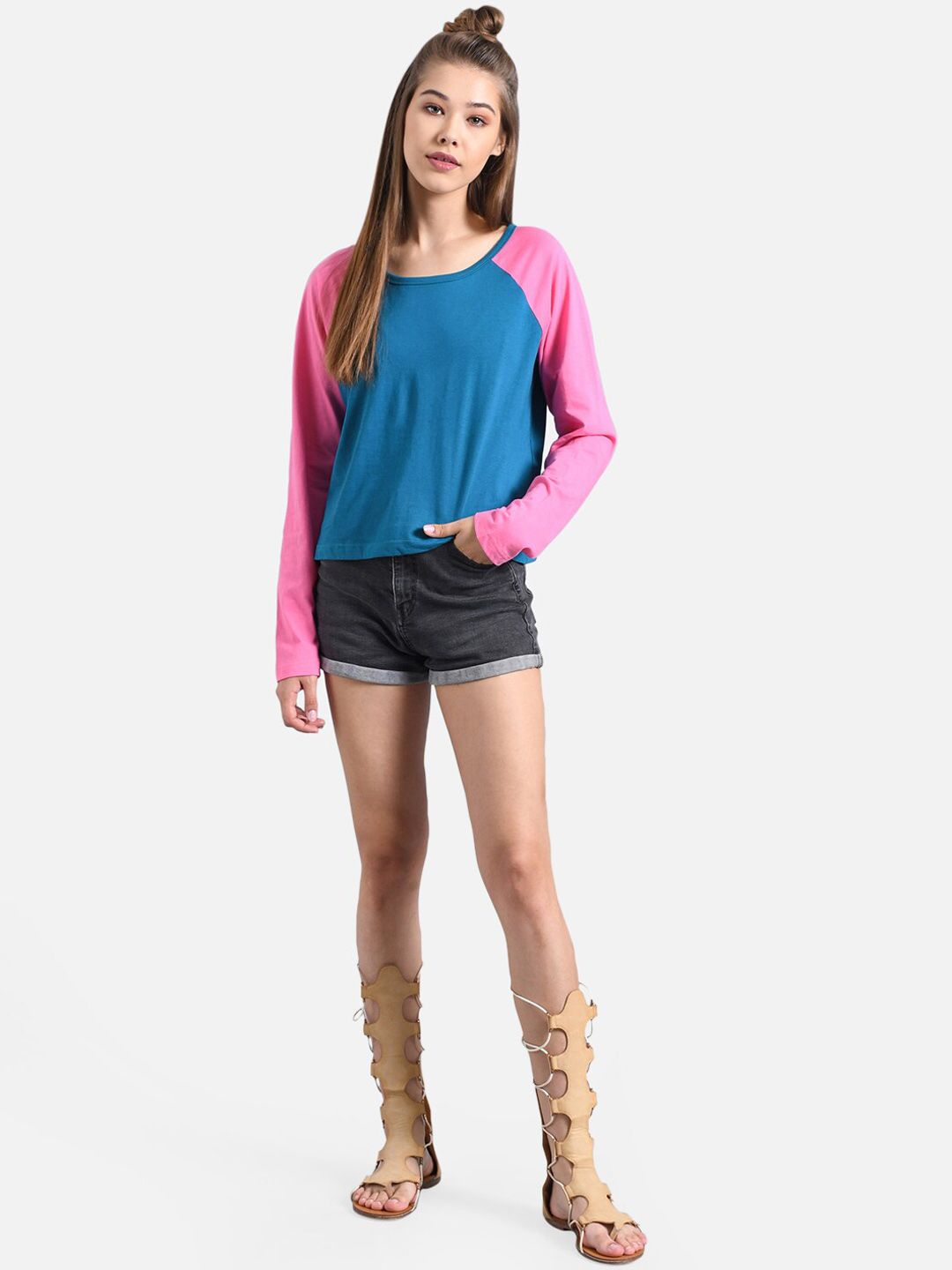 Kotty Women Navy Blue & Pink Colourblocked Boat Neck T-shirt