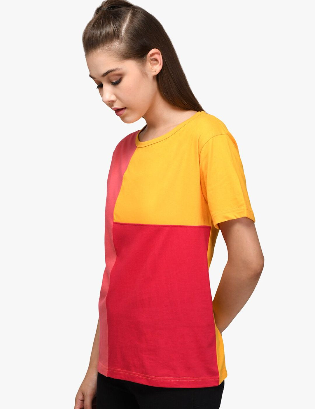 Kotty Women Yellow & Red Colourblocked Boat Neck T-shirt