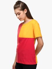 Kotty Women Yellow & Red Colourblocked Boat Neck T-shirt