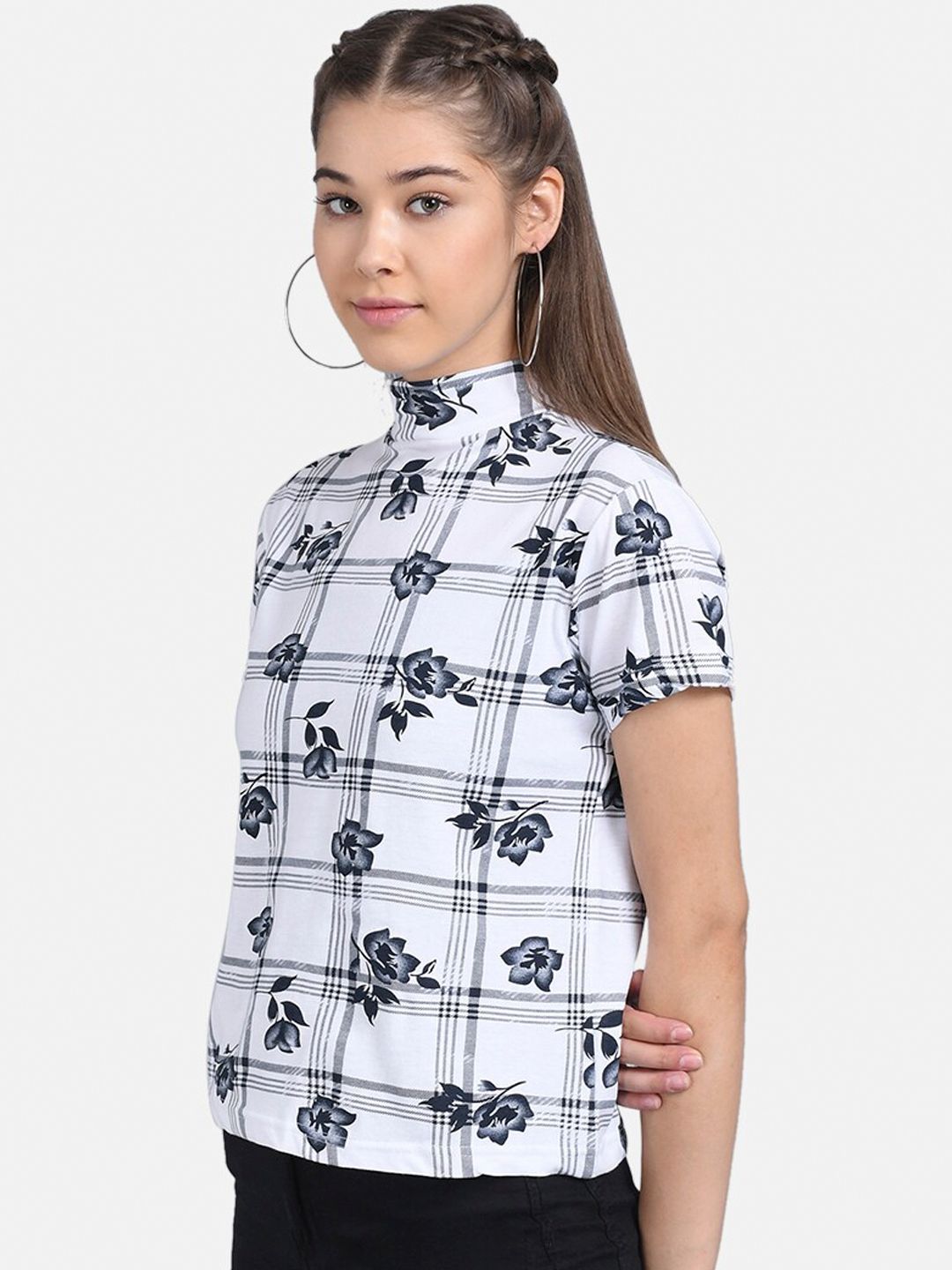 Kotty Women White Checked Pure Cotton Top