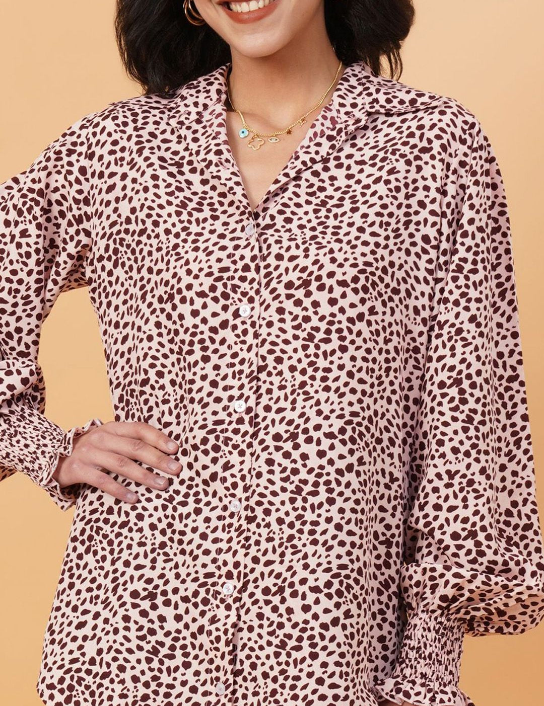 Kotty Pink & Brown Animal Printed Spread Collar Puff Sleeves Crepe Casual Shirt