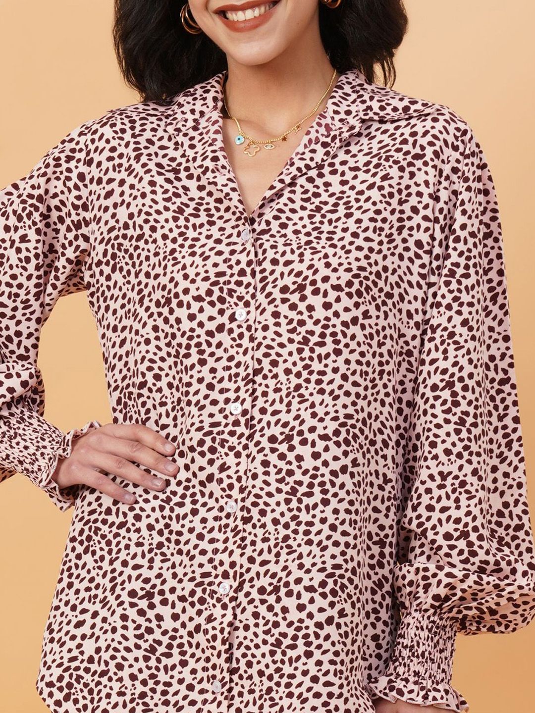 Kotty Pink & Brown Animal Printed Spread Collar Puff Sleeves Crepe Casual Shirt