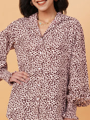 Kotty Pink & Brown Animal Printed Spread Collar Puff Sleeves Crepe Casual Shirt
