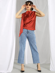 Kotty Red High Neck Sleeveless Pleated Detail Satin Top