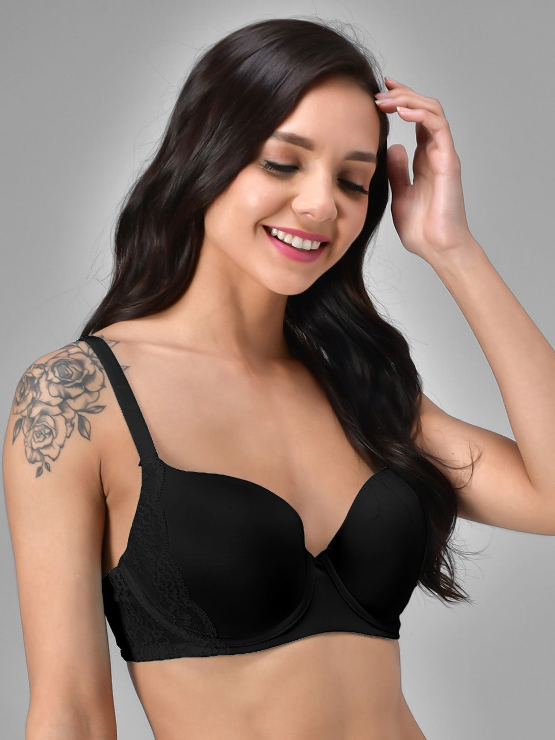 Kotty Black Solid Lightly Padded Underwired Lace T-Shirt Bra-KTTWOMENSBRA04