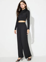 Kotty Black Round Neck Crop Top With Trouser