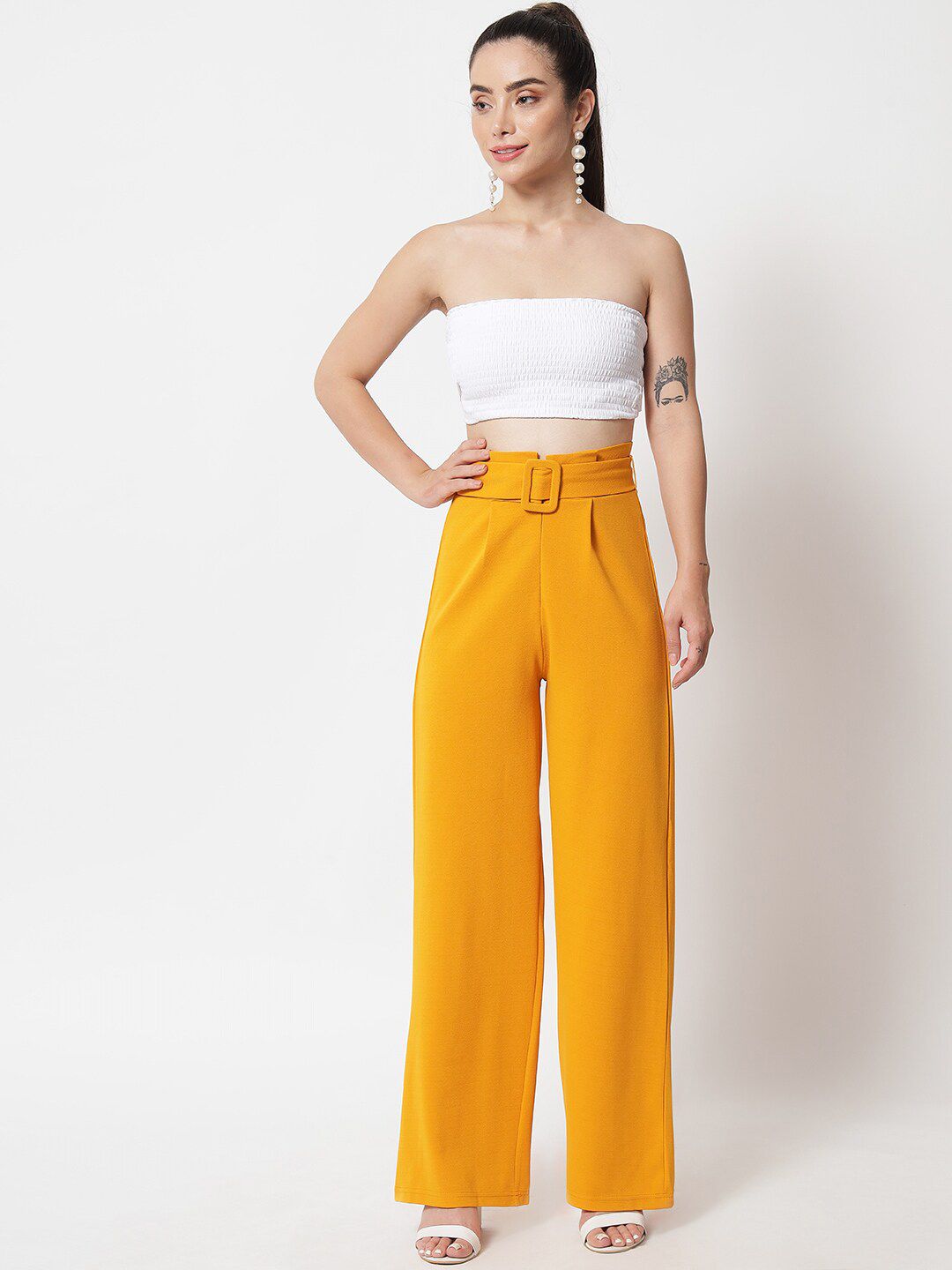 KOTTY BIZwear Women Yellow Relaxed Straight Fit High-Rise Easy Wash Pleated Trousers