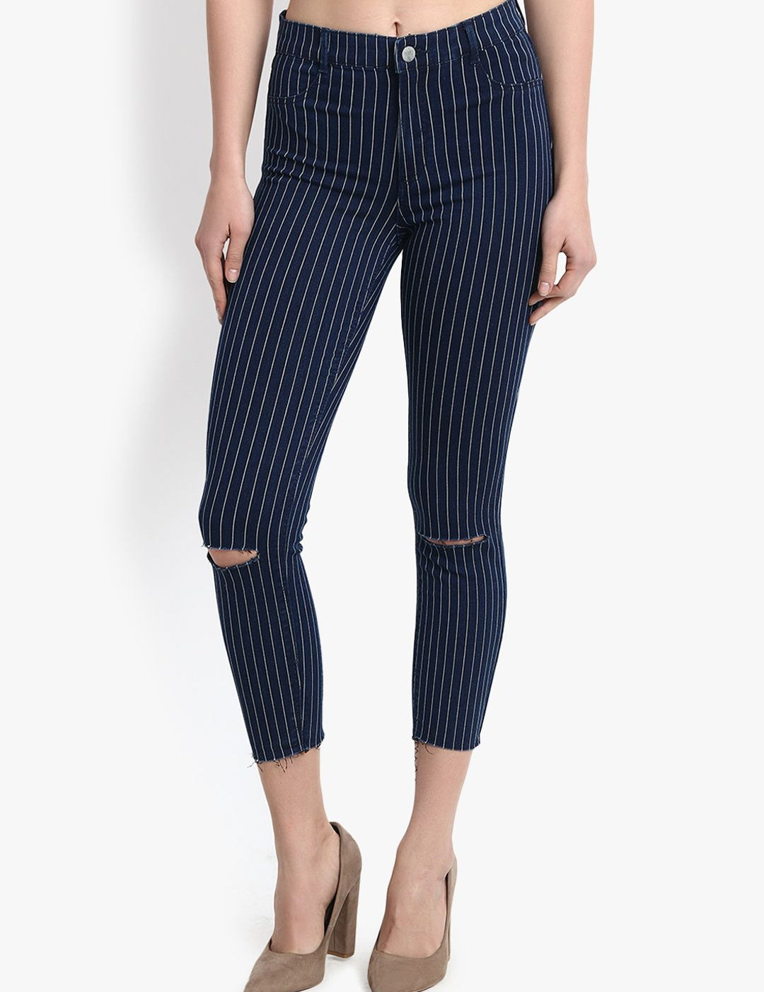 Kotty Women Blue & White Skinny Fit High-Rise Slash Knee Jeans