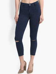 Kotty Women Blue & White Skinny Fit High-Rise Slash Knee Jeans