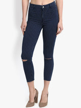 Kotty Women Blue & White Skinny Fit High-Rise Slash Knee Jeans