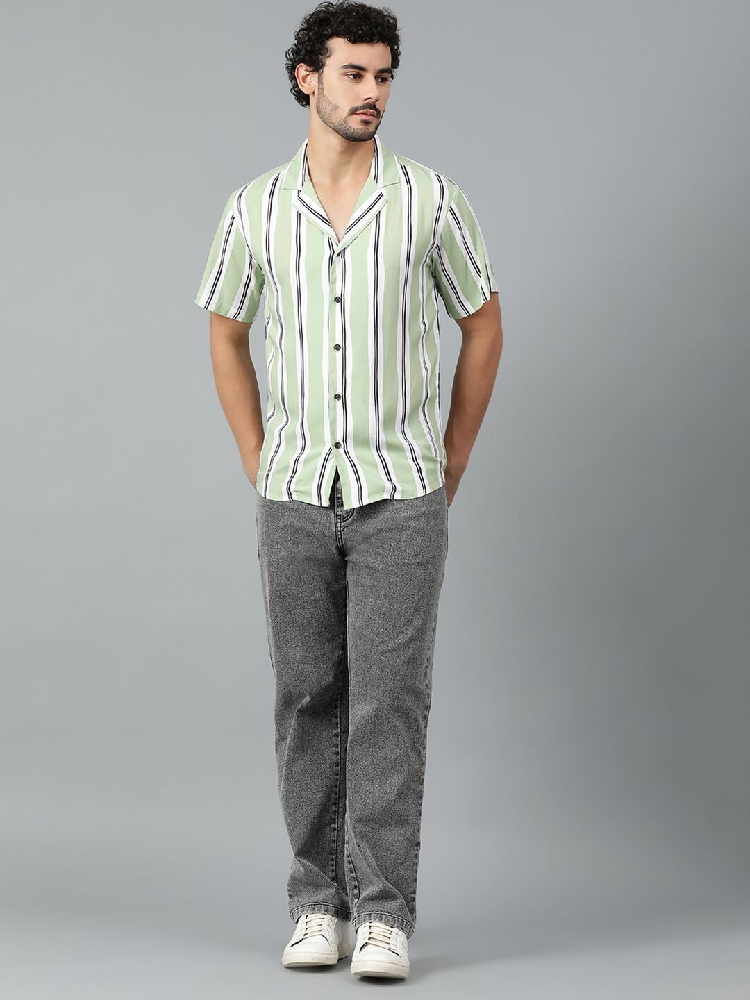 Kotty Men Cuban Collar Striped Casual Shirt