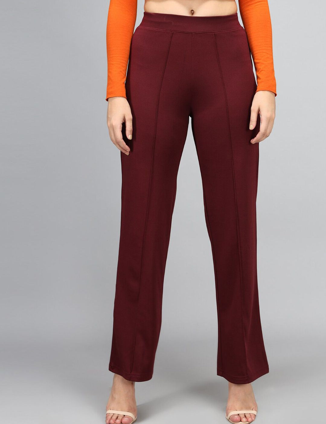 Kotty Women Maroon Solid High-Rise Bootcut Trousers