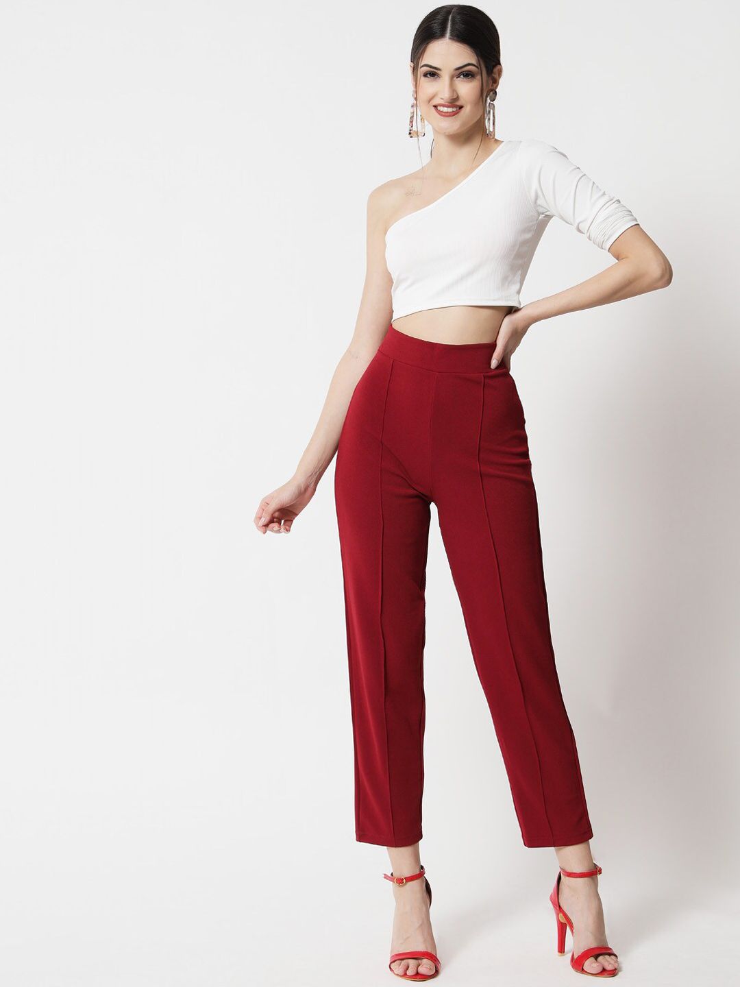 Kotty Women Maroon Cropped Relaxed Straight Fit High-Rise Easy Wash Pleated Trousers