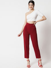 Kotty Women Maroon Cropped Relaxed Straight Fit High-Rise Easy Wash Pleated Trousers
