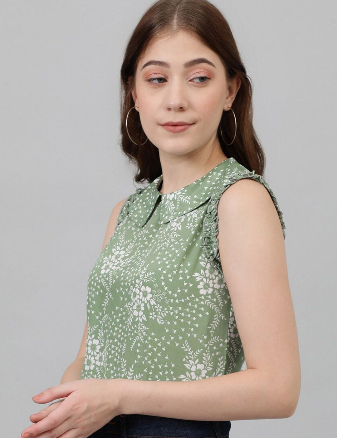 Kotty Green Floral Printed Peter Pan Collar Top