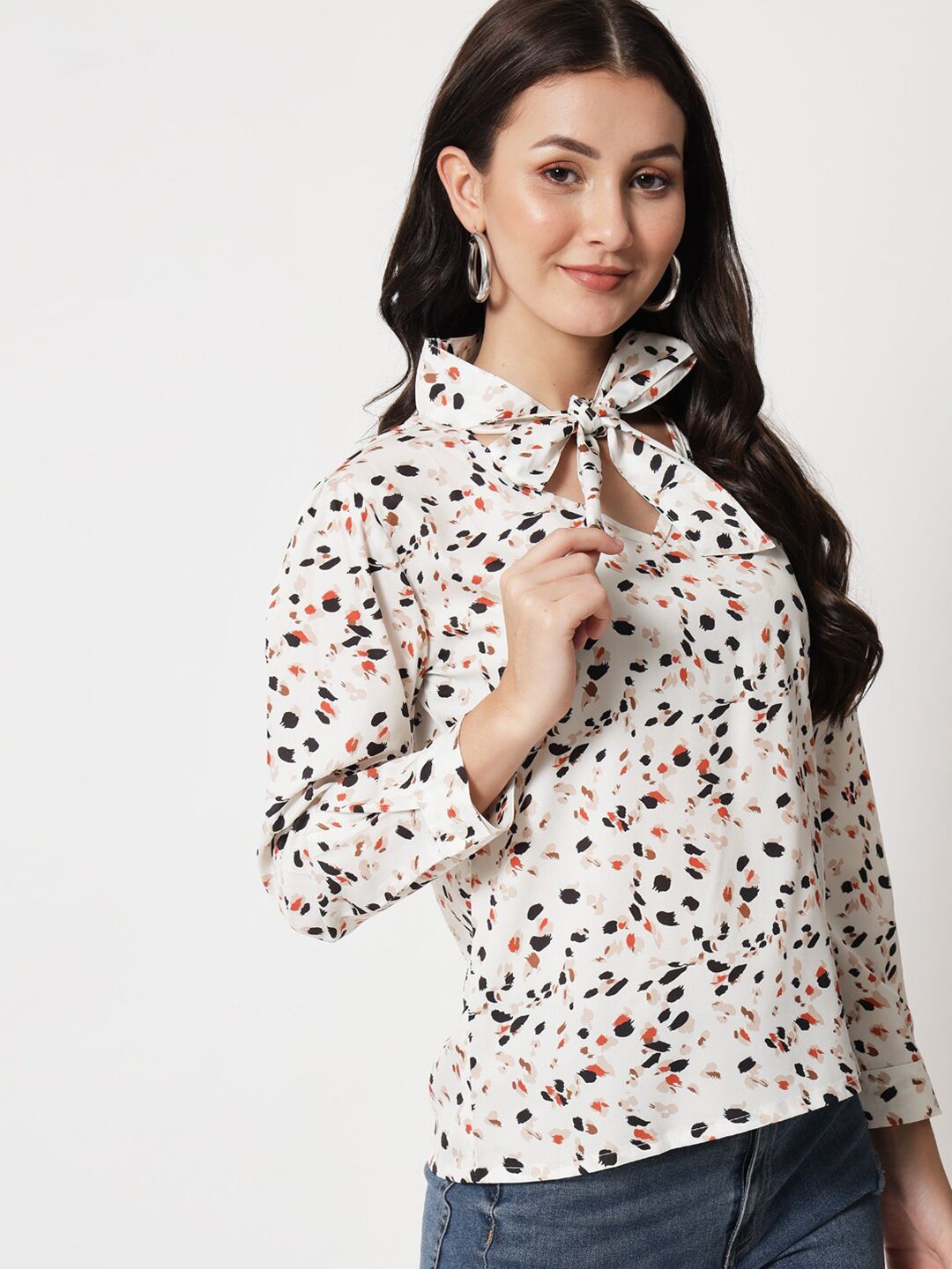 Kotty Printed Tie-Up Neck Shirt Style Top