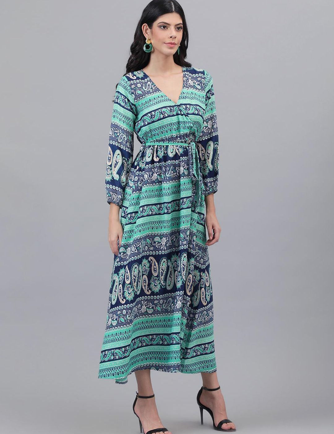 Kotty Blue & Green Ethnic Motifs Printed Wrap Maxi Dress