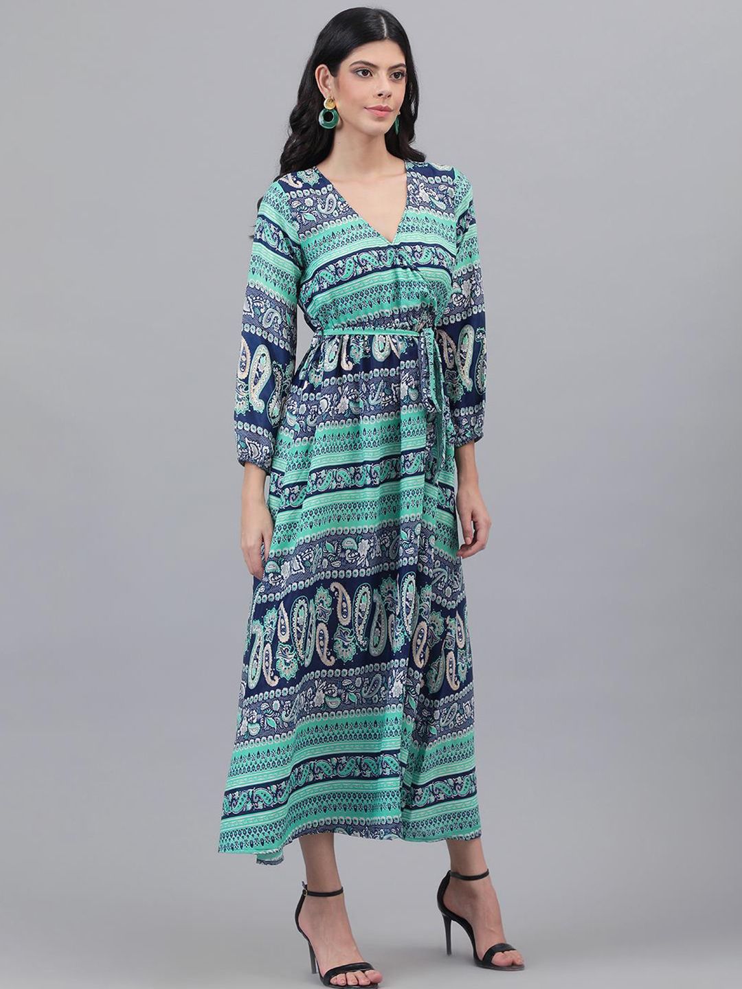 Kotty Blue & Green Ethnic Motifs Printed Wrap Maxi Dress