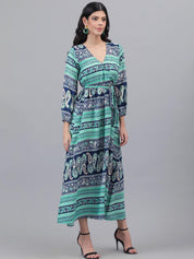Kotty Blue & Green Ethnic Motifs Printed Wrap Maxi Dress